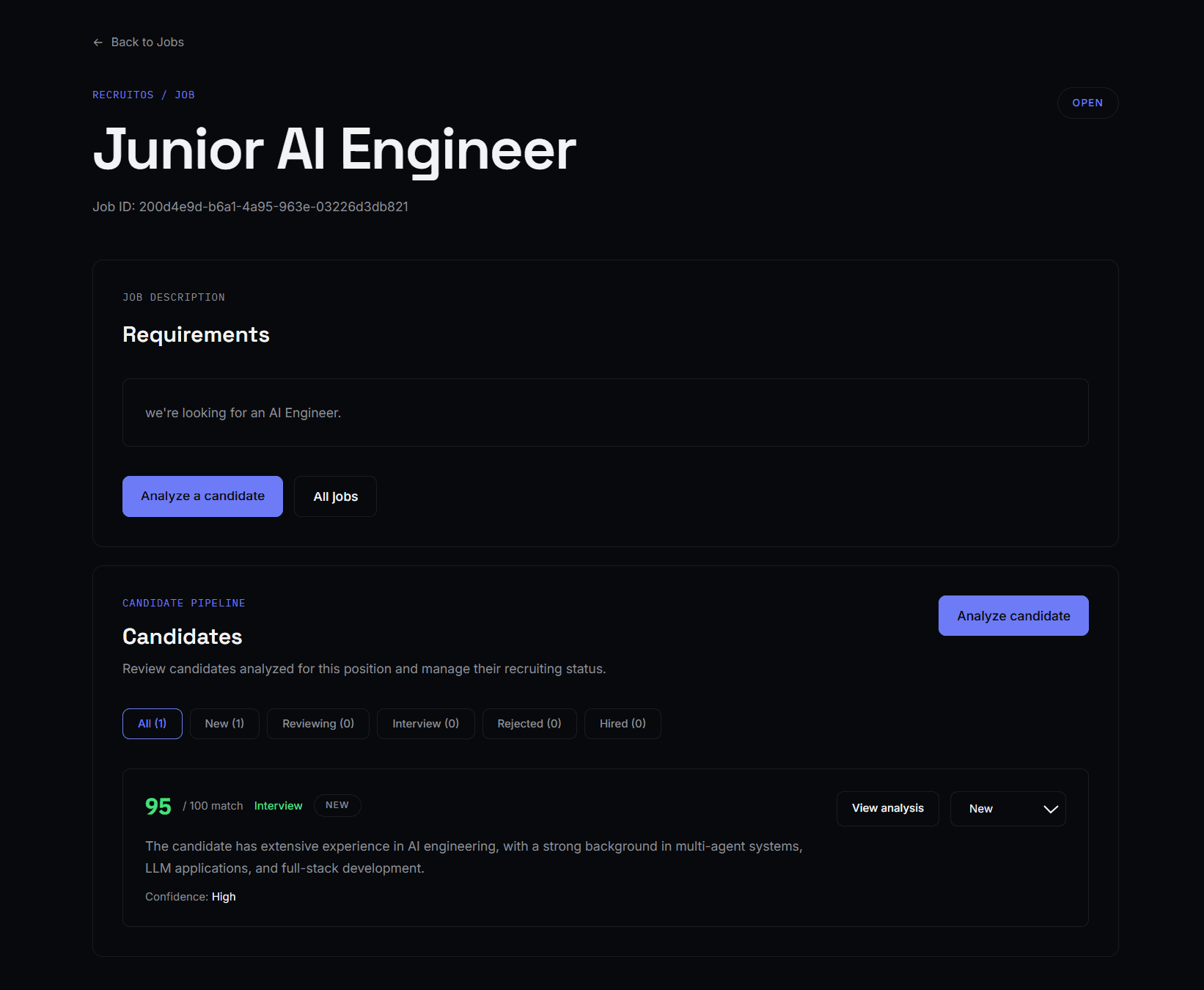 RecruitOS dashboard showing resume analysis, candidates, and jobs